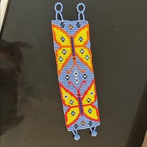 Hand Crafted Blue, Yellow and Orange Beaded Butterfly Bracelet